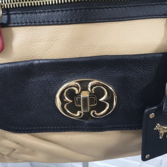 Emma Fox Fold Over Tan & Black w/ Red Handles Genuine Leather Lined Handbag - Picture 5 of 12